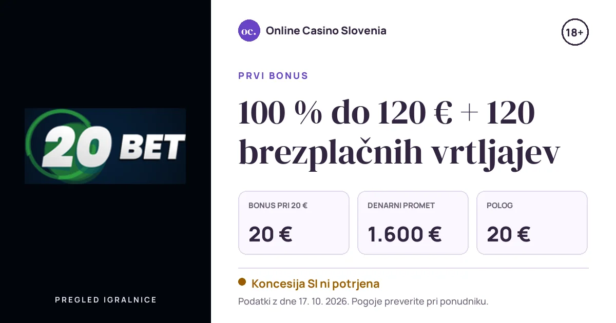 Bonus 20bet: 100 % do 120 € + 120 brezplačnih vrtljajev, polog 20 €, odigravanje 40×