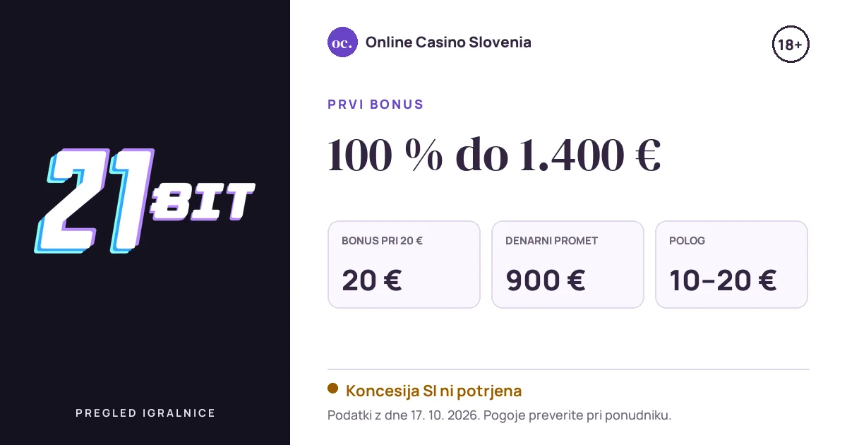 Bonus 21bit Casino: 100 % do 1.400 €, polog 10–20 €, odigravanje 45×