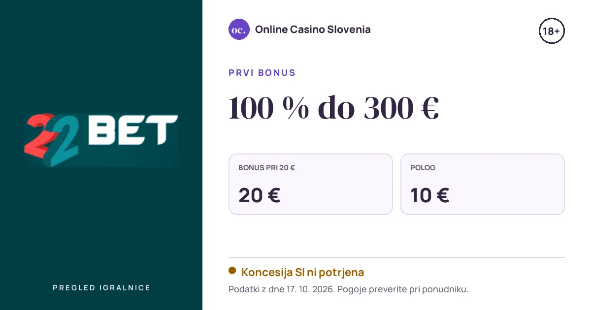 Bonus 22Bet: 100 % do 300 €, polog 10 €