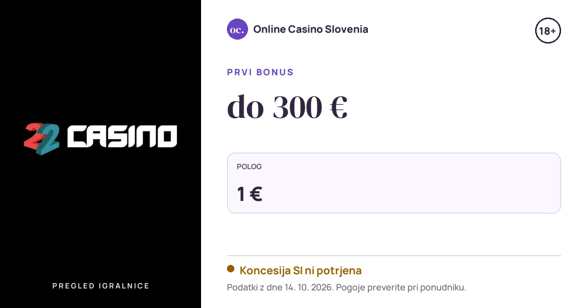 Bonus 22Casino: do 300 €, polog 1 €
