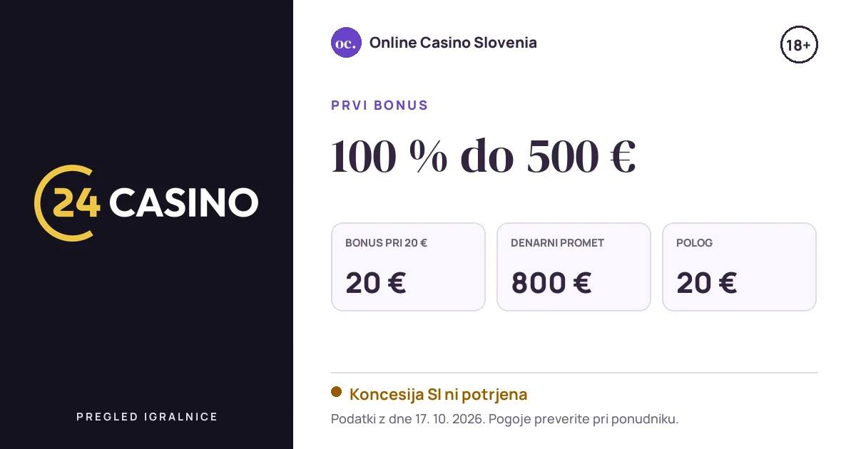 Bonus 24Casino: 100 % do 500 €, polog 20 €, odigravanje 40×