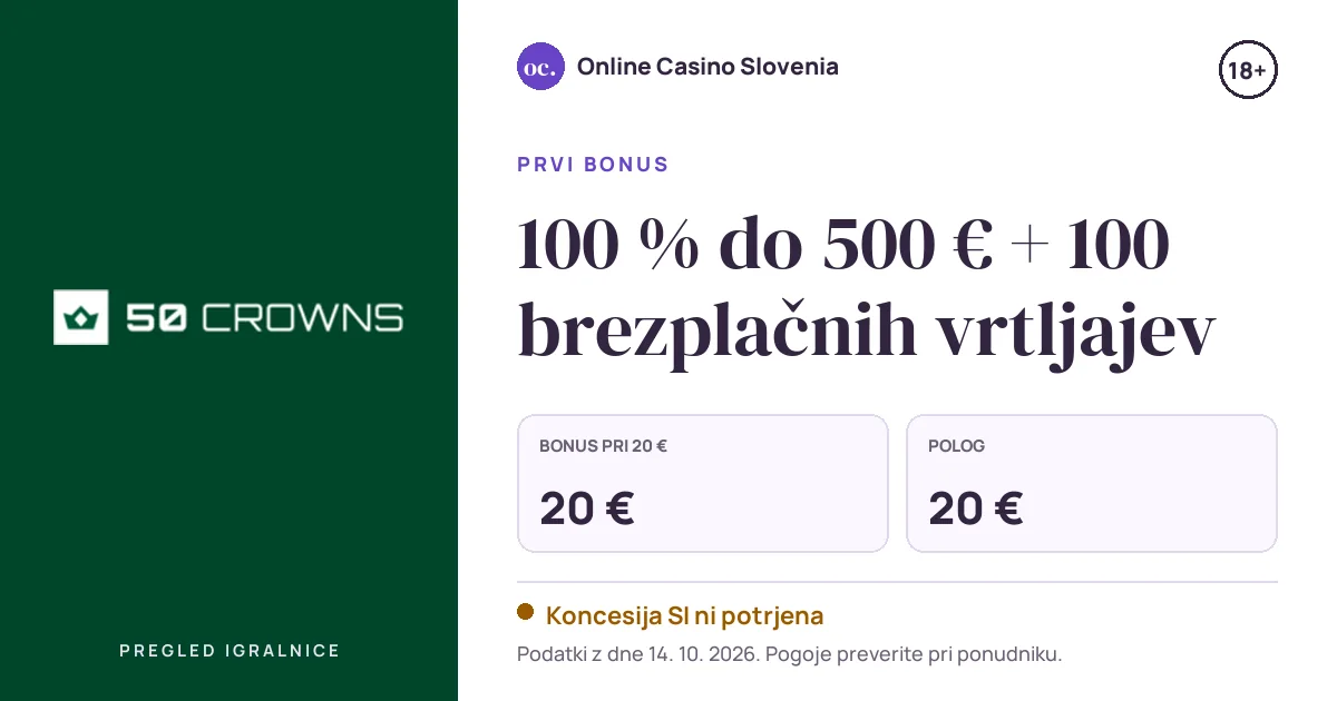 Bonus 50 Crowns: 100 % do 500 € + 100 brezplačnih vrtljajev, polog 20 €