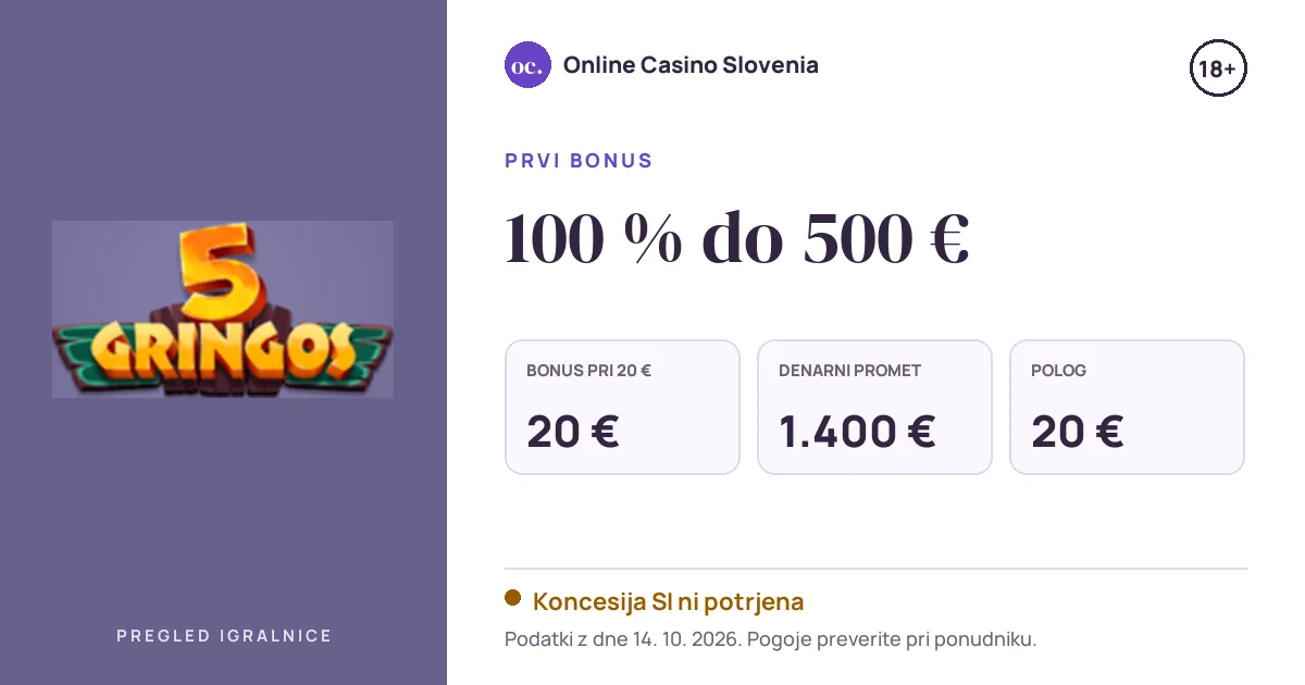 Bonus 5gringos: 100 % do 500 €, polog 20 €, odigravanje 35×