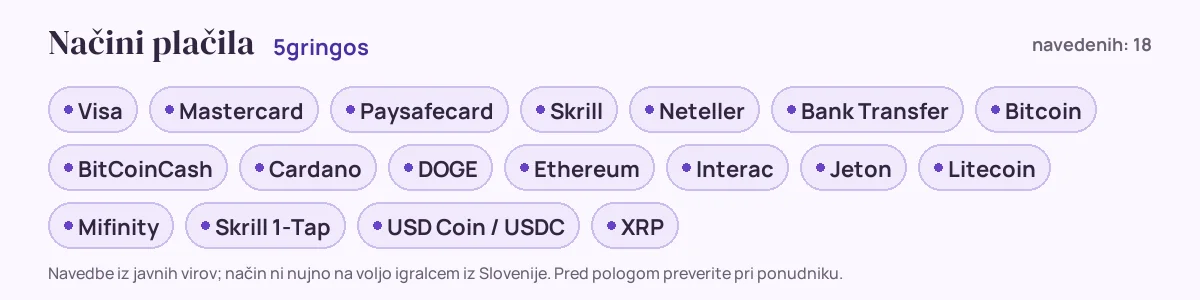 Načini plačila pri 5gringos: Visa, Mastercard, Paysafecard, Skrill, Neteller, Bank Transfer in še 12