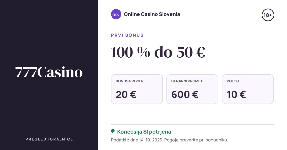 Bonus 777Casino: 100 % do 50 €, polog 10 €, odigravanje 30×