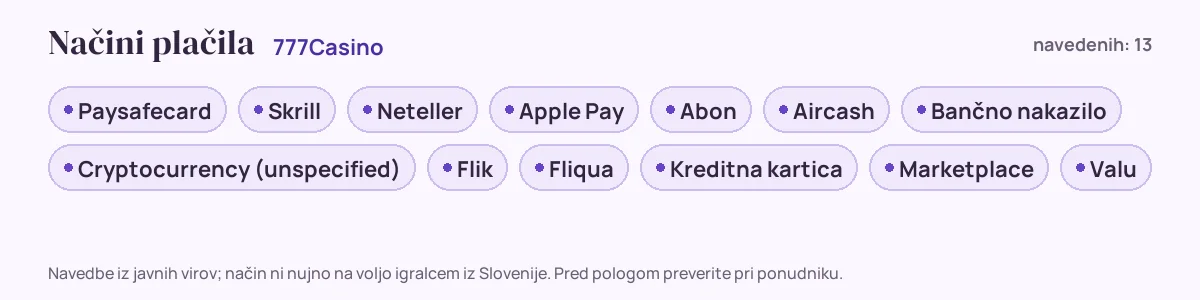 Načini plačila pri 777Casino: Paysafecard, Skrill, Neteller, Apple Pay, Abon, Aircash in še 7