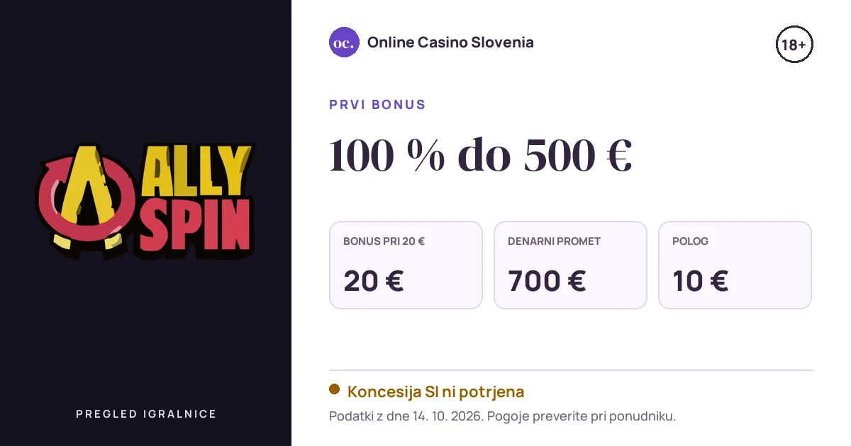 Bonus AllySpin Casino: 100 % do 500 €, polog 10 €, odigravanje 35×