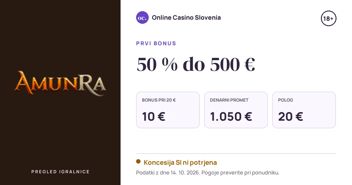 Bonus AmunRa: 50 % do 500 €, polog 20 €, odigravanje 35×