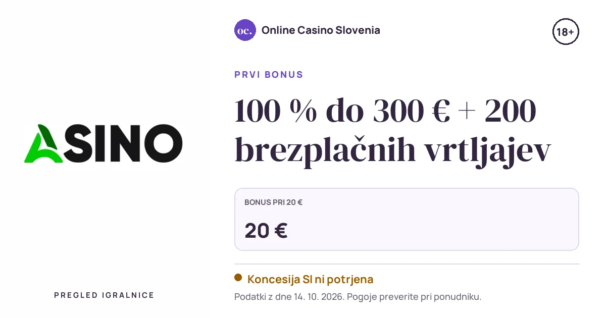Bonus Asino: 100 % do 300 € + 200 brezplačnih vrtljajev
