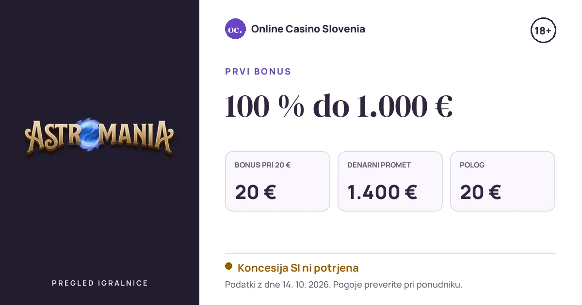 Bonus Astromania Casino: 100 % do 1.000 €, polog 20 €, odigravanje 35×