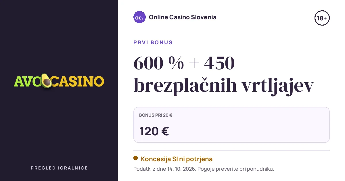 Bonus Avo Casino: 600 % + 450 brezplačnih vrtljajev