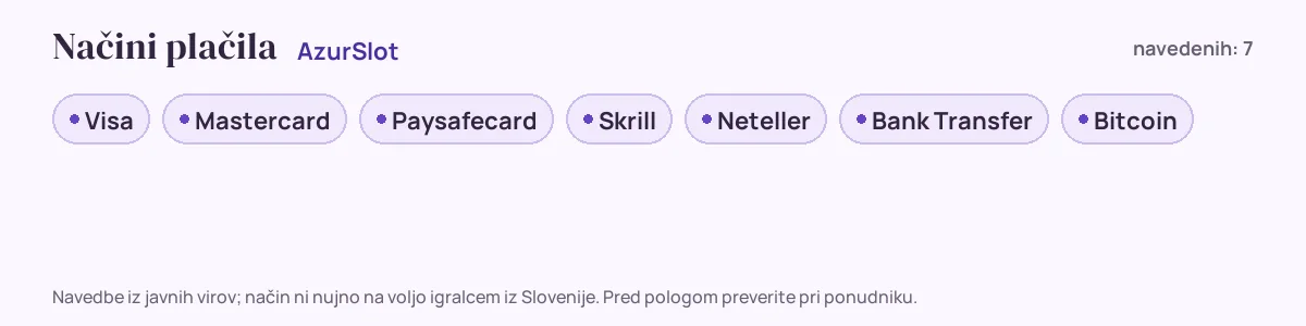 Načini plačila pri AzurSlot: Visa, Mastercard, Paysafecard, Skrill, Neteller, Bank Transfer in še 1