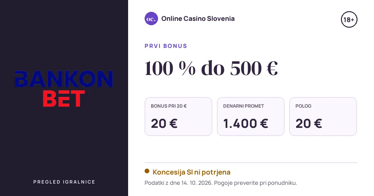 Bonus Bankonbet Casino: 100 % do 500 €, polog 20 €, odigravanje 35×