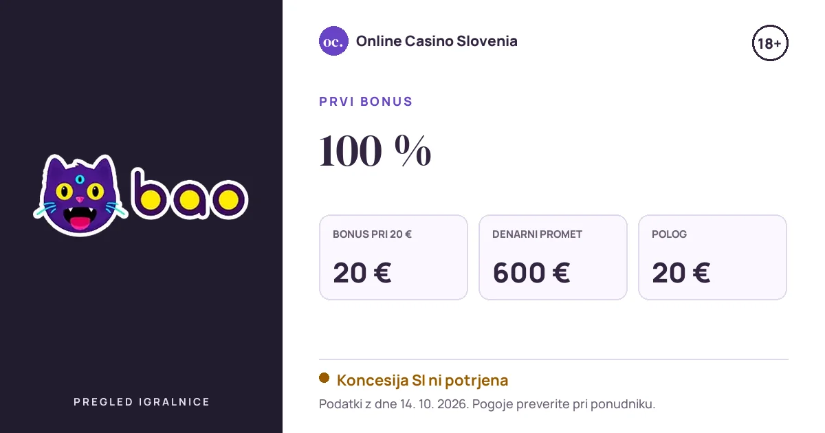 Bonus Bao Casino: 100 %, polog 20 €, odigravanje 30×