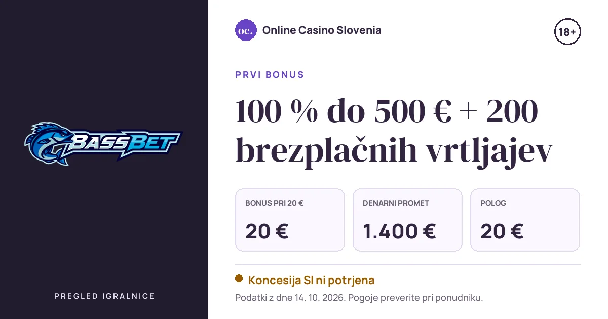 Bonus BassBet Casino: 100 % do 500 € + 200 brezplačnih vrtljajev, polog 20 €, odigravanje 35×