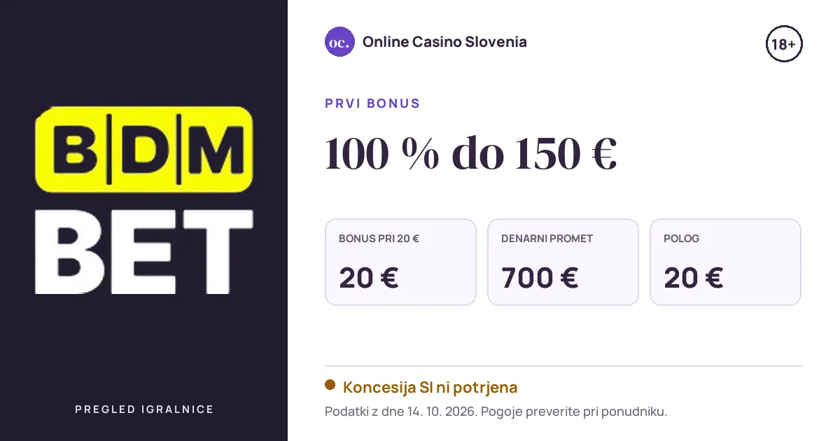 Bonus BDMbet Casino: 100 % do 150 €, polog 20 €, odigravanje 35×