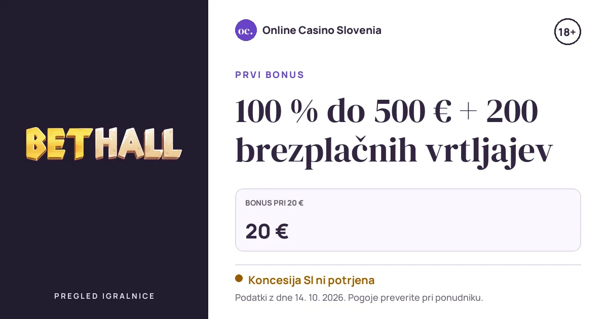 Bonus Bethall Casino: 100 % do 500 € + 200 brezplačnih vrtljajev