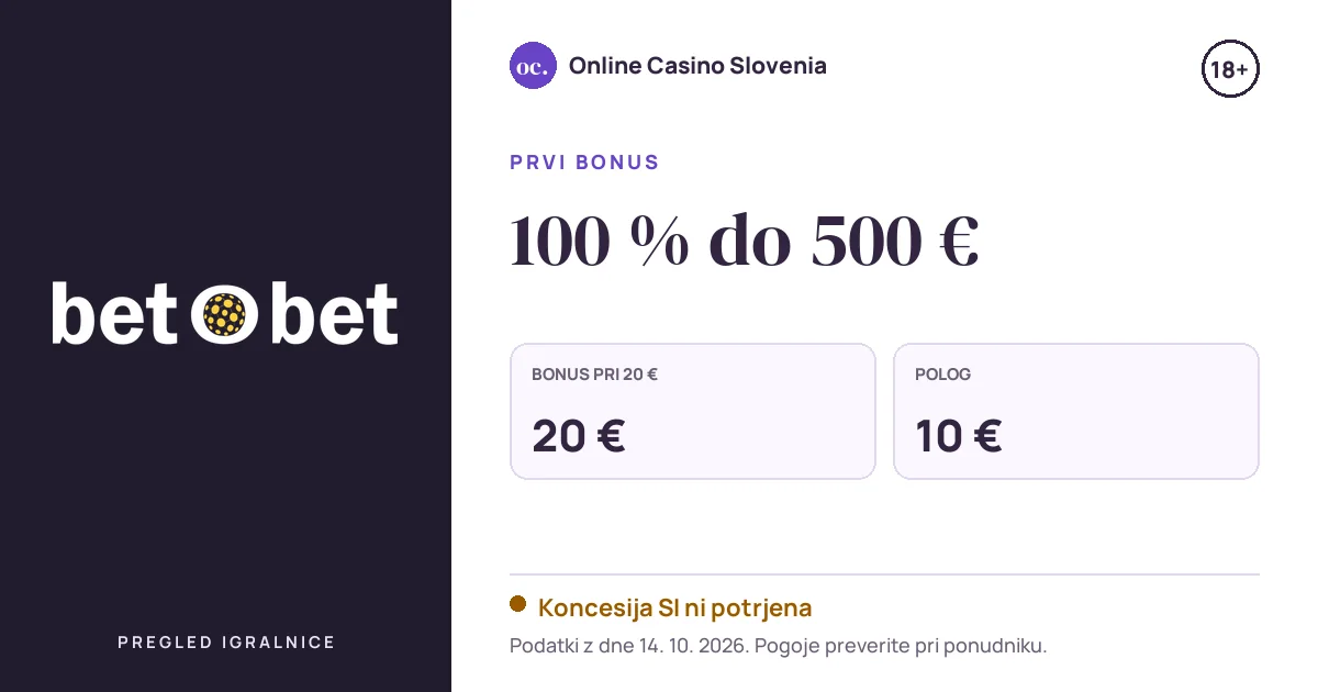 Bonus Bet O Bet Casino: 100 % do 500 €, polog 10 €