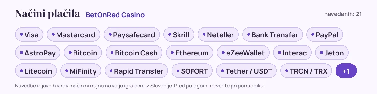 Načini plačila pri BetOnRed Casino: Visa, Mastercard, Paysafecard, Skrill, Neteller, Bank Transfer in še 15