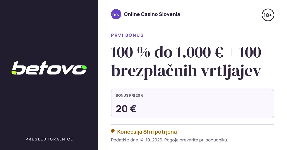 Bonus Betovo Casino: 100 % do 1.000 € + 100 brezplačnih vrtljajev