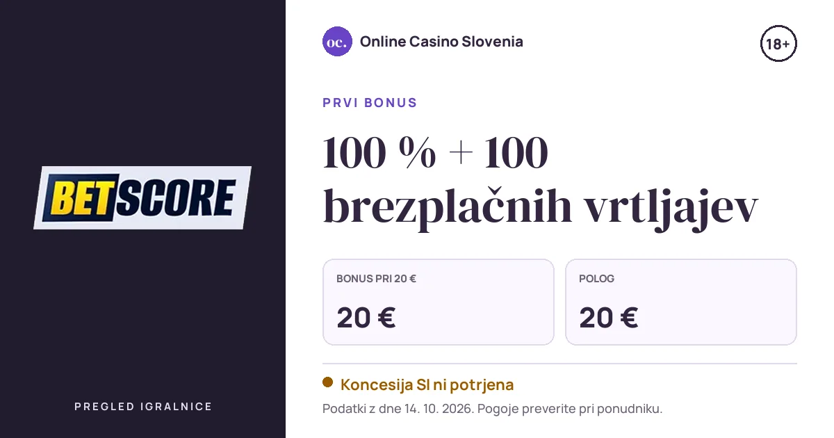 Bonus BetScore Casino: 100 % + 100 brezplačnih vrtljajev, polog 20 €