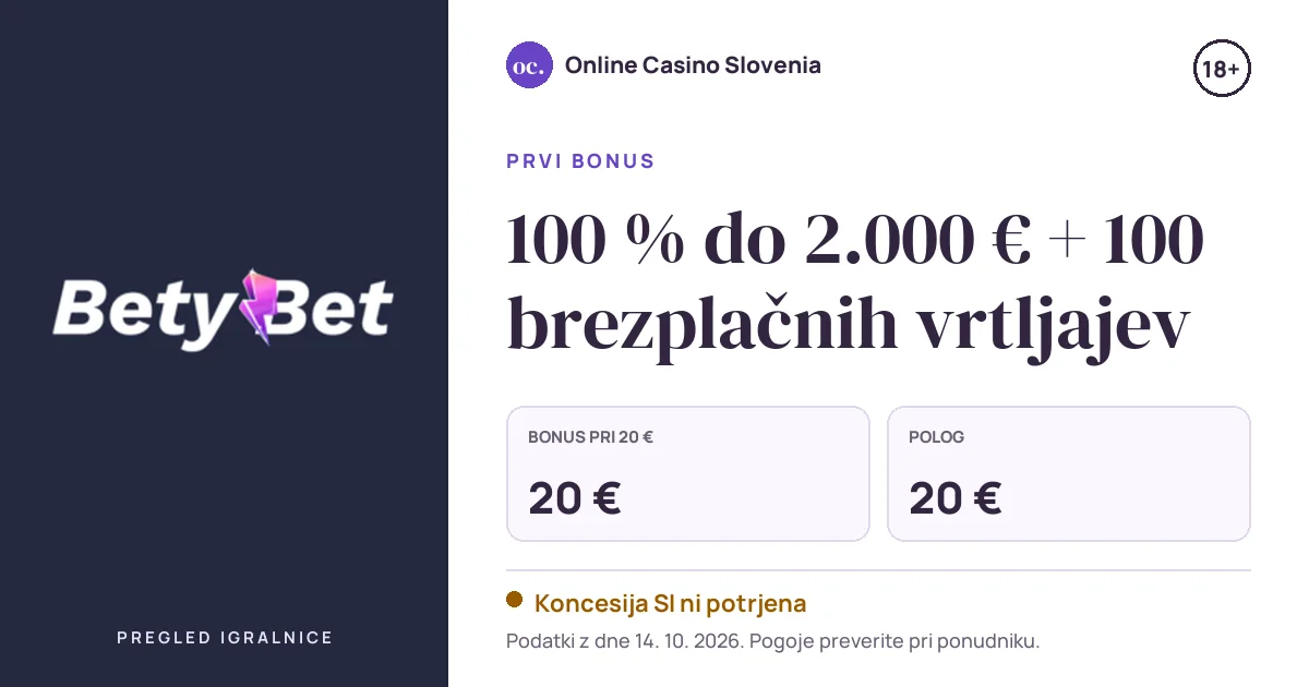 Bonus BetyBet: 100 % do 2.000 € + 100 brezplačnih vrtljajev, polog 20 €