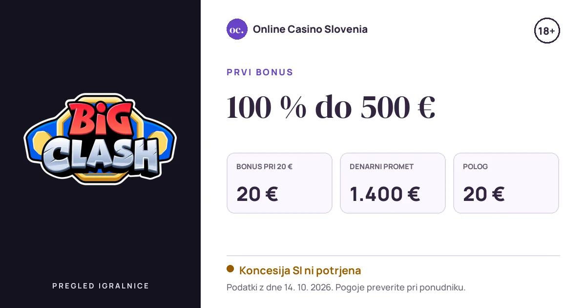 Bonus BigClash: 100 % do 500 €, polog 20 €, odigravanje 35×