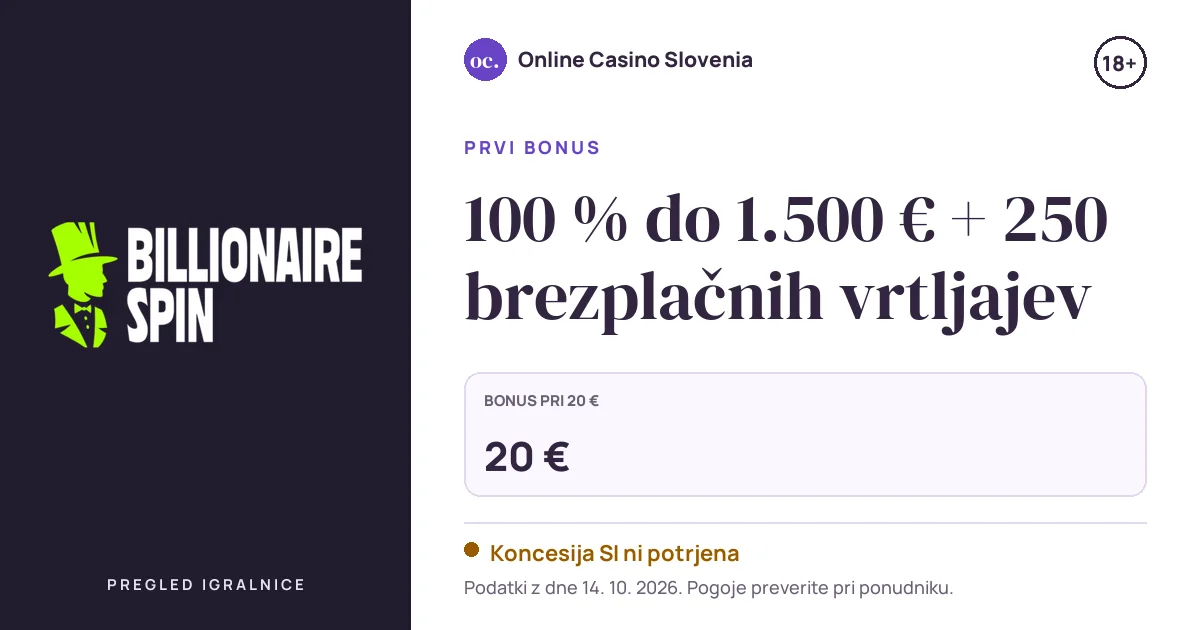 Bonus BillionaireSpin Casino: 100 % do 1.500 € + 250 brezplačnih vrtljajev
