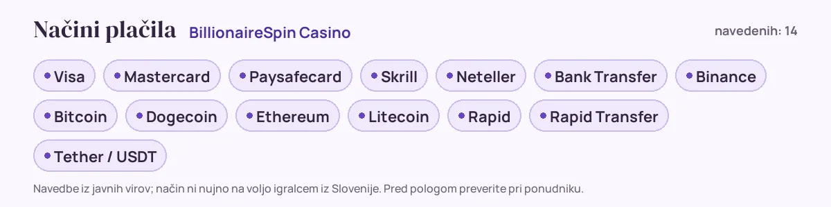 Načini plačila pri BillionaireSpin Casino: Visa, Mastercard, Paysafecard, Skrill, Neteller, Bank Transfer in še 8