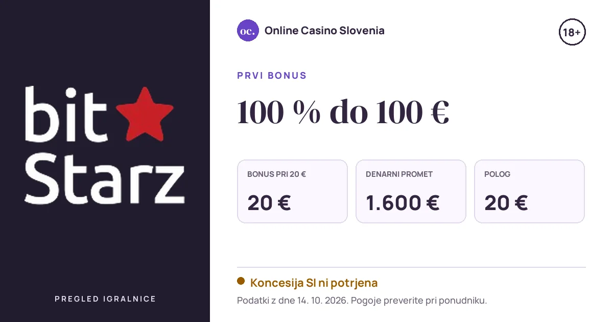 Bonus BitStarz Casino: 100 % do 100 €, polog 20 €, odigravanje 40×