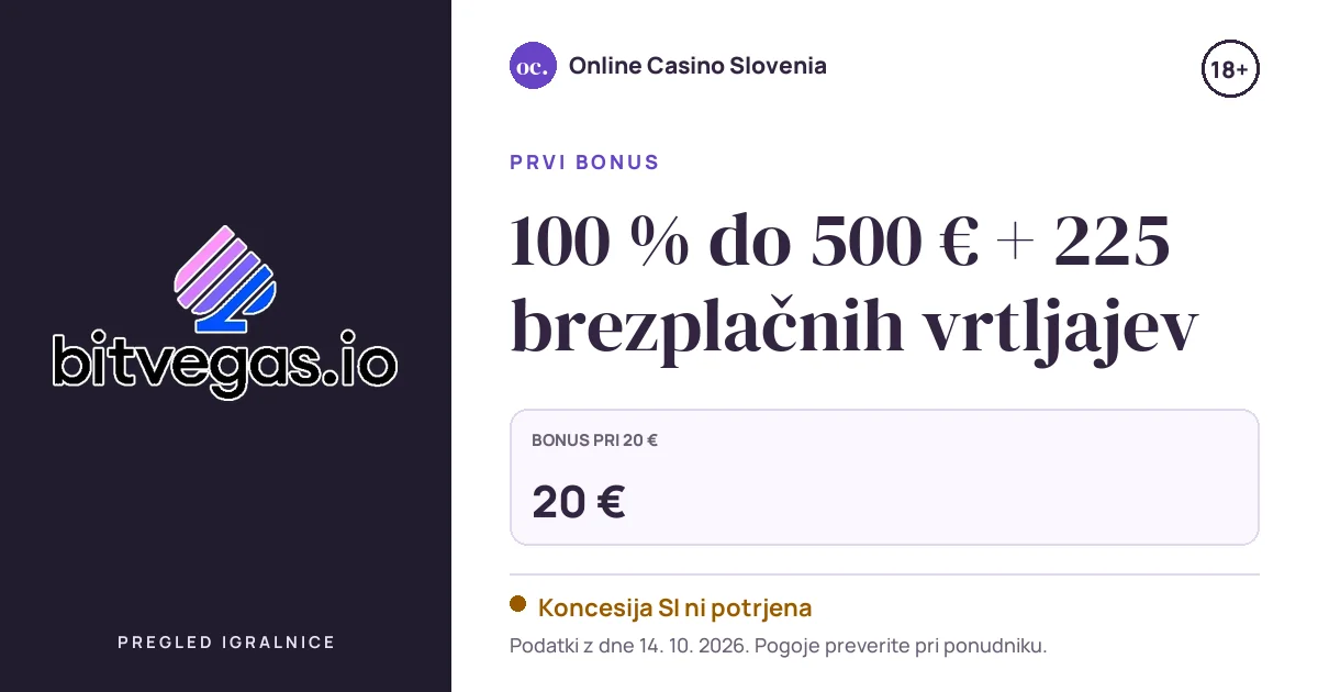 Bonus BitVegas Casino: 100 % do 500 € + 225 brezplačnih vrtljajev