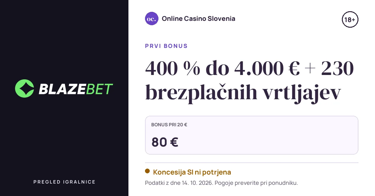 Bonus Blazebet Casino: 400 % do 4.000 € + 230 brezplačnih vrtljajev