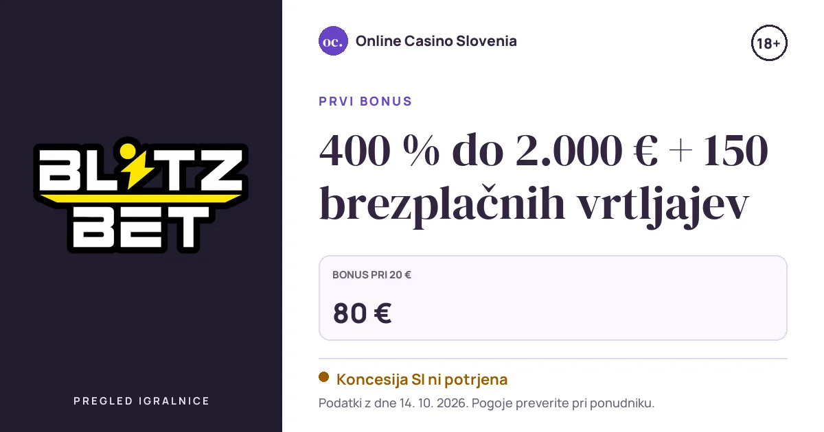 Bonus Blitz-bet Casino: 400 % do 2.000 € + 150 brezplačnih vrtljajev