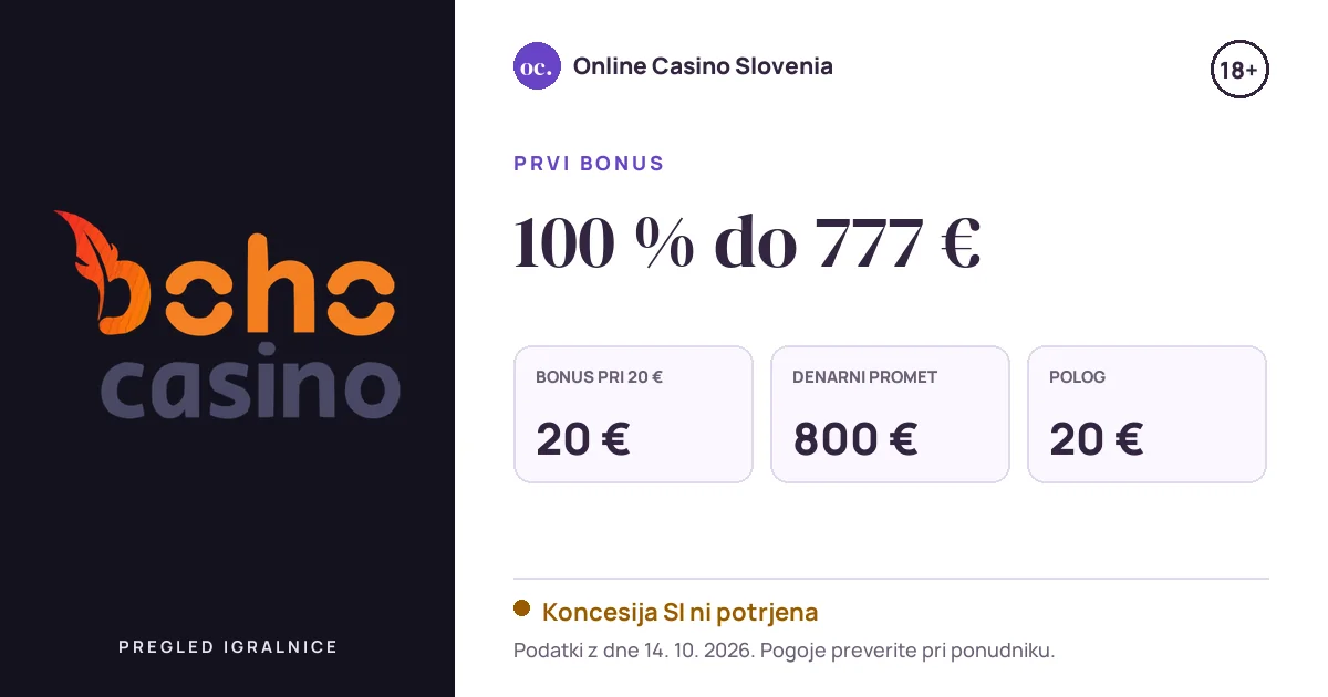 Bonus Boho: 100 % do 777 €, polog 20 €, odigravanje 40×