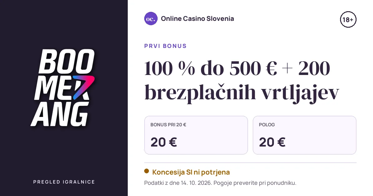 Bonus BoomerangBet Casino: 100 % do 500 € + 200 brezplačnih vrtljajev, polog 20 €