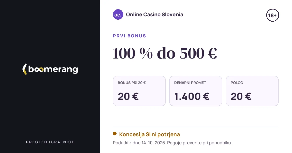 Bonus Boomerang: 100 % do 500 €, polog 20 €, odigravanje 35×