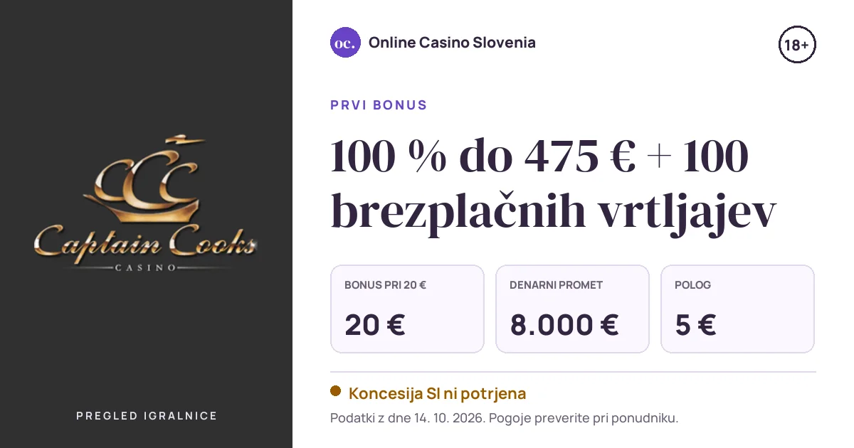 Bonus Captain Cooks: 100 % do 475 € + 100 brezplačnih vrtljajev, polog 5 €, odigravanje 200×