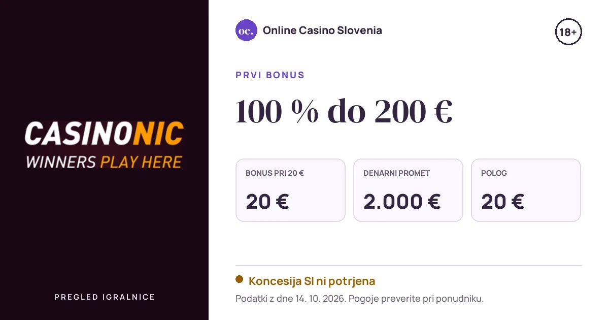 Bonus Casinonic: 100 % do 200 €, polog 20 €, odigravanje 50×