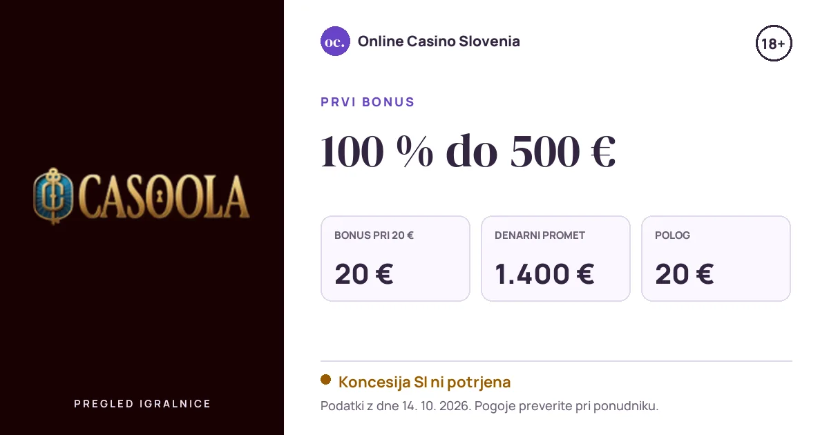 Bonus Casoola: 100 % do 500 €, polog 20 €, odigravanje 35×