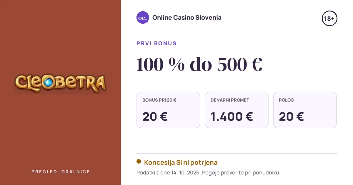 Bonus Cleobetra: 100 % do 500 €, polog 20 €, odigravanje 35×