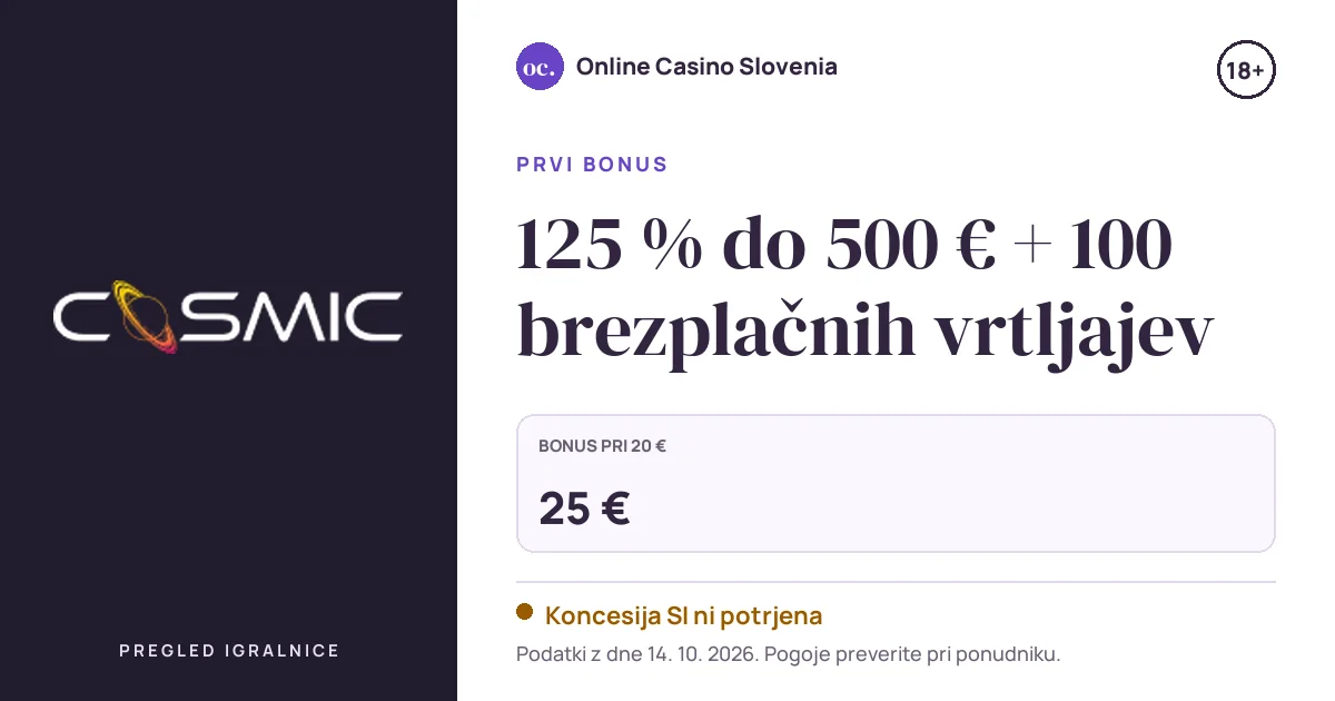 Bonus CosmicSlot: 125 % do 500 € + 100 brezplačnih vrtljajev