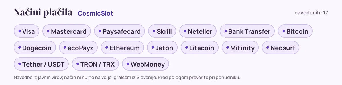 Načini plačila pri CosmicSlot: Visa, Mastercard, Paysafecard, Skrill, Neteller, Bank Transfer in še 11