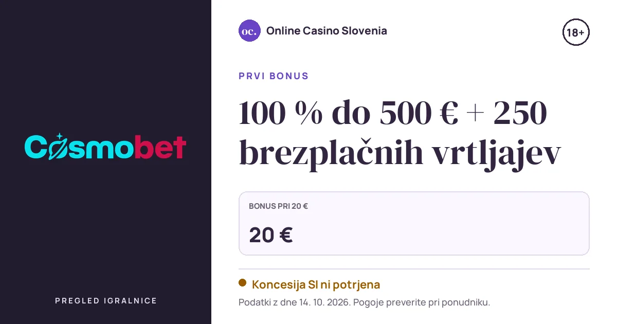 Bonus Cosmobet Casino: 100 % do 500 € + 250 brezplačnih vrtljajev