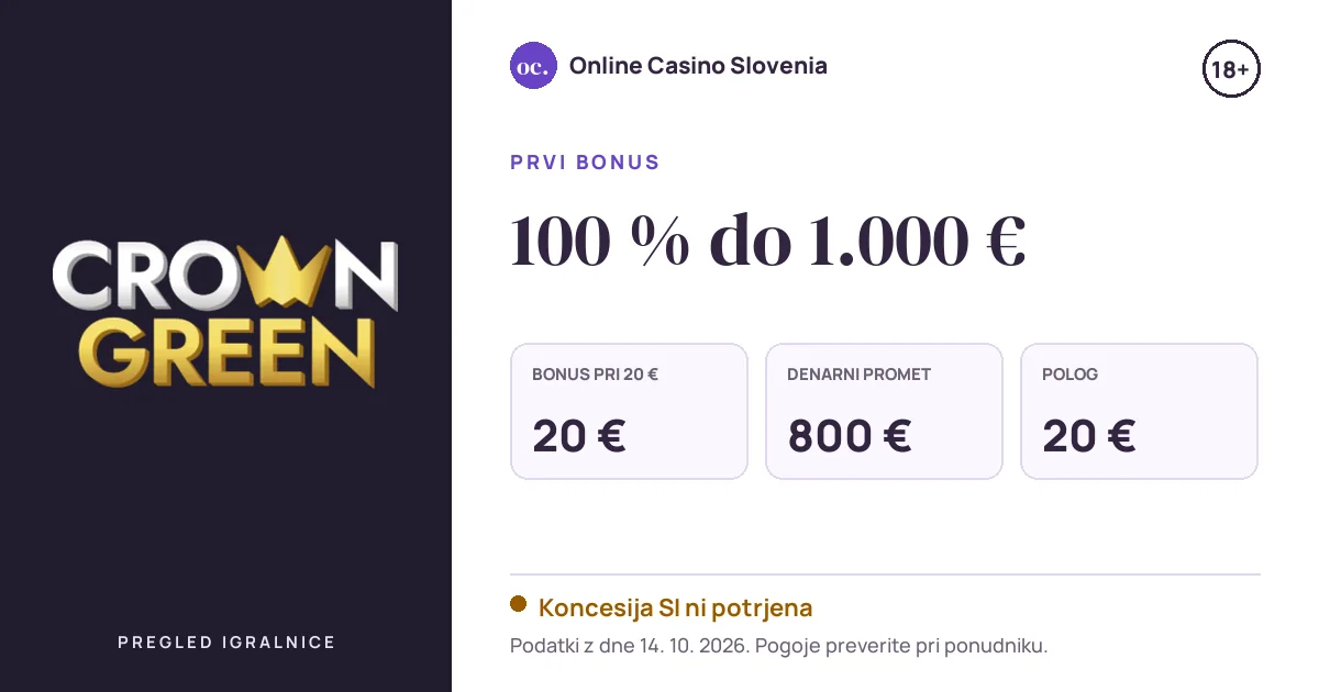 Bonus Crown Green Casino: 100 % do 1.000 €, polog 20 €, odigravanje 40×