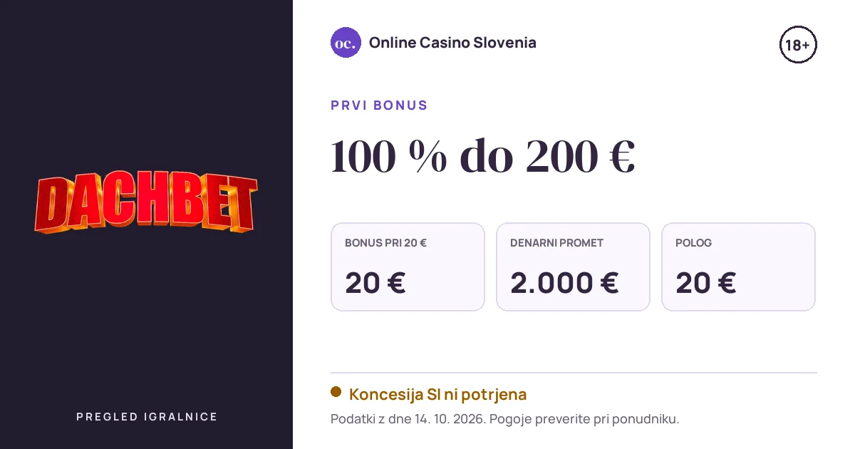 Bonus Dachbet Casino: 100 % do 200 €, polog 20 €, odigravanje 50×