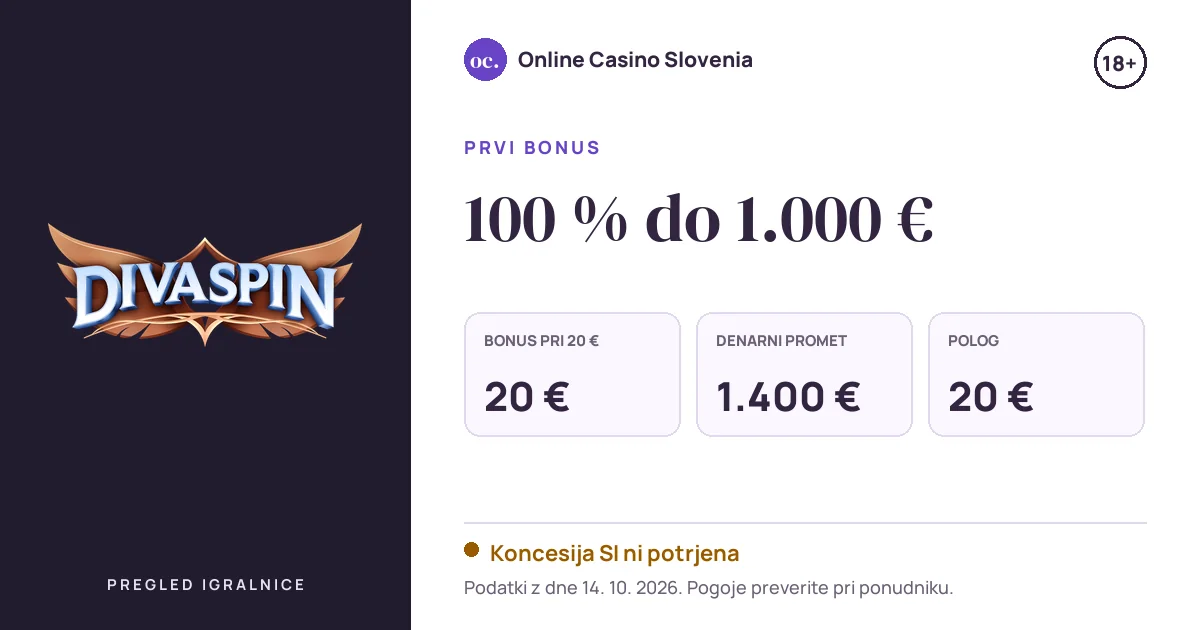 Bonus Divaspin Casino: 100 % do 1.000 €, polog 20 €, odigravanje 35×