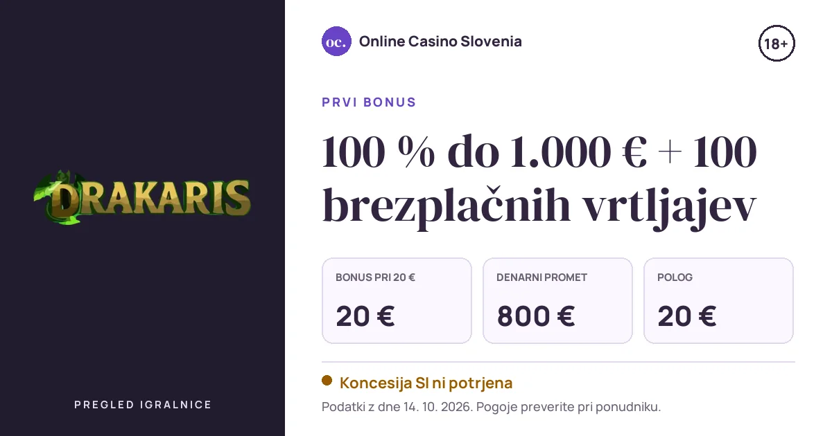Bonus Drakaris Casino: 100 % do 1.000 € + 100 brezplačnih vrtljajev, polog 20 €, odigravanje 40×