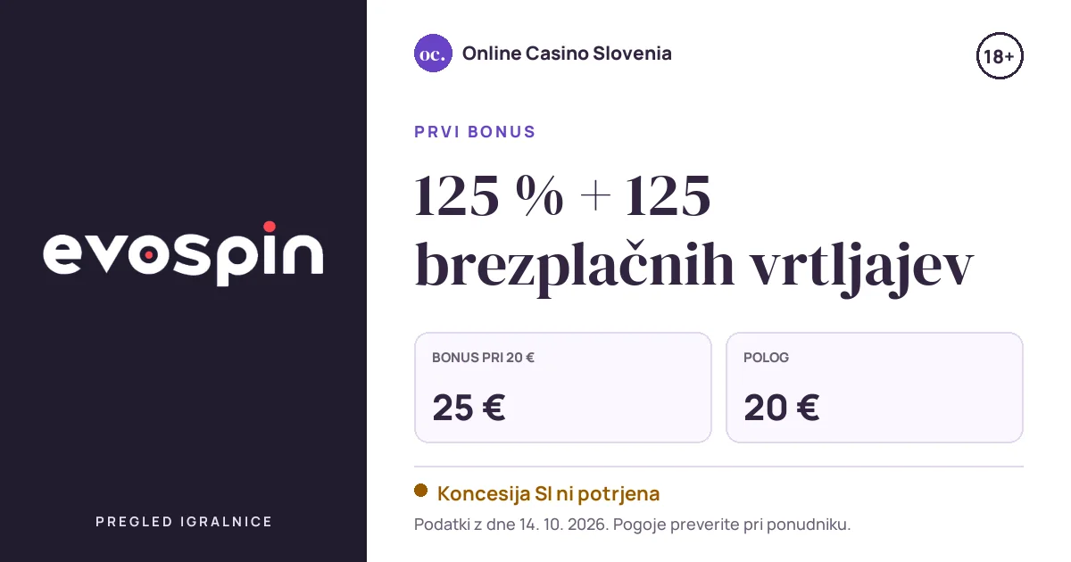 Bonus Evospin Casino: 125 % + 125 brezplačnih vrtljajev, polog 20 €