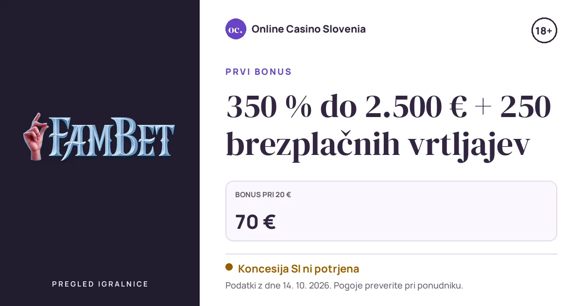 Bonus Fambet Casino: 350 % do 2.500 € + 250 brezplačnih vrtljajev