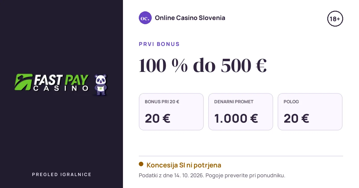 Bonus Fastpay Casino: 100 % do 500 €, polog 20 €, odigravanje 50×